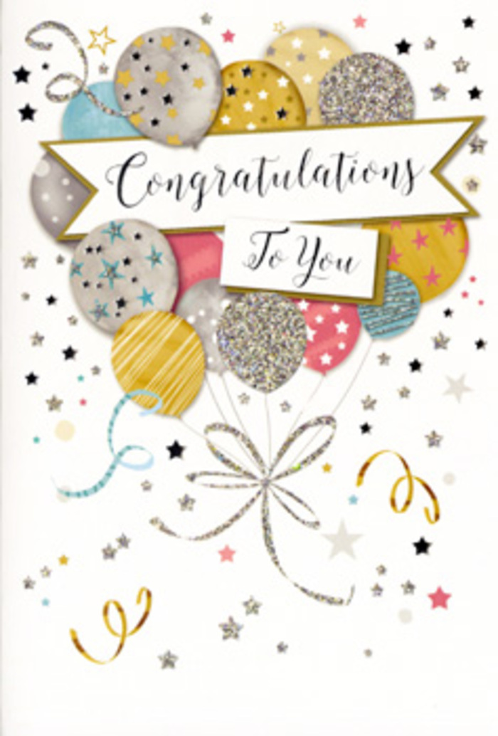 In this detailed congratulations card design, the front cover is transformed into a floating celebration, as if a small party has been captured in stillness above the rooftops of Stepney. A lush cluster of rounded balloons fills most of the space, stacked and layered so that their edges gently overlap, creating depth and the suggestion of movement. The colour palette is refined yet cheerful: soft brushed gold, muted silver, pale champagne, light sky blue, blush pink, and gentle grey, each balloon painted with subtle shading to give a smooth, almost satin-like finish. Many of the balloons are embellished with tiny metallic stars, glimmering stripes, or delicate glitter-style patterns that seem to sparkle as you imagine turning the card in your hands under the light. Thin metallic ribbons in gold and silver extend from the base of each balloon, curling and looping like streamers seen at a lively gathering near Whitechapel Road or at a cosy party in a Stepney townhouse. At the card's centre, a sophisticated banner arcs gracefully across, carrying the message Congratulations To You in elegant, flowing script, the lettering slightly bold to anchor the lighter, airy shapes around it. Scattered around the balloons, you can see miniature stars, dot-like confetti, and swirling lines, suggesting the echo of applause and the thrill of an achievement just announced-perhaps a graduation from a nearby university or a well-earned promotion in the City. As a florist used to matching cards with bouquets for local celebrations, I'd pair this with glamorous but tasteful flowers, something that mirrors the card's mix of sparkle and softness, making it perfect for deliveries throughout Stepney, Limehouse, and the surrounding East London neighbourhoods.