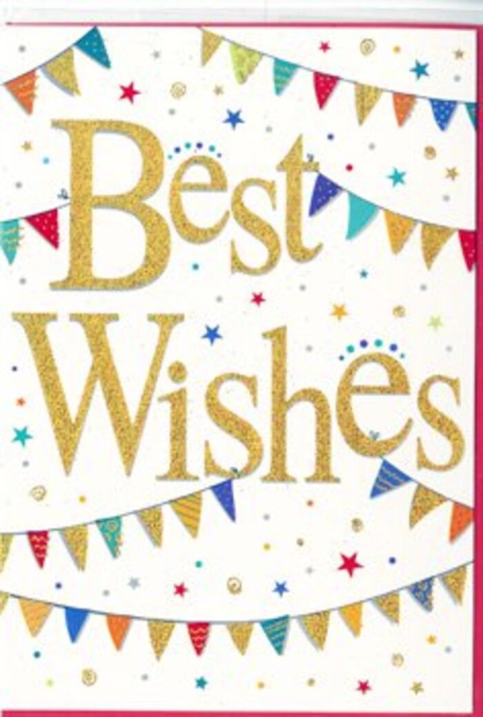 The card in this image captures the essence of a joyful Stepney celebration condensed onto a single, elegant sheet of white card. At the heart of the design, the words Best Wishes sweep across the centre in an ornate gold script, the letters shimmering as though brushed with fine glitter and polished metal. The script feels both confident and gentle, its soft curves and flourishes suggesting care and thoughtfulness, like a handwritten note composed slowly at a kitchen table overlooking Stepney's terraced streets. Around this central message, strings of festive bunting loop gracefully from side to side, echoing the easy arc of decorations you might see strung between lampposts during a local summer fair or community gathering near Stepney Green Park. Each tiny triangular pennant is different: some are painted in solid, jewel-bright shades of crimson, cobalt, emerald, and amber; others are adorned with playful dots, slender stripes, or tiny patchwork-style motifs. Together, they create a visual rhythm that draws the eye around the card, framing the golden greeting in a joyful embrace. Sprinkled throughout the negative space are delicate stars and confetti-sized dots in tonal golds and vibrant colours. These small, scattered shapes feel like the lingering sparkle after fireworks or the last bits of confetti drifting to the ground at the end of a celebration. The overall impression is one of polished festivity-cheerful without being loud, refined without losing warmth. It is exactly the sort of congratulations card a Stepney florist might pair with a fresh bouquet sent to mark a promotion in nearby Whitechapel, congratulate new parents near Limehouse, or encourage someone embarking on a new chapter in East London. The design holds an uplifting, hopeful energy, inviting the sender's personal message to take pride of place within its golden glow.