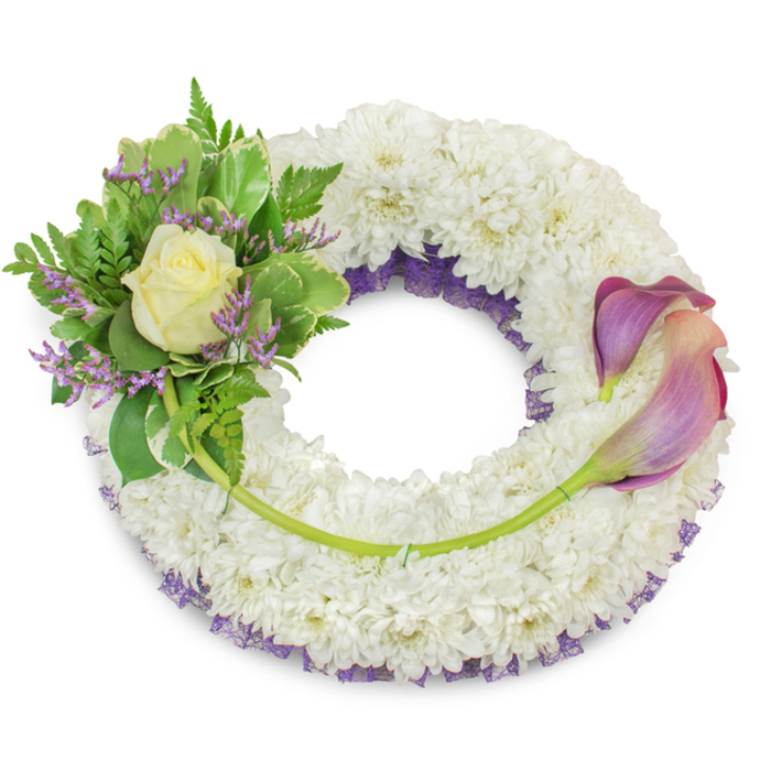 A large, thoughtfully composed circular funeral wreath, dominated by a voluminous halo of compact white chrysanthemums whose countless florets form a soft, cloud-like surface that conveys reverence and calm. Beneath the surface, a delicate band of deep purple netting or lace shows through along the inner and occasionally the outer edges, creating a gentle visual depth and a quiet flourish of colour against the white. On the top-left quadrant a lush accent cluster is artfully placed: a single, perfectly formed cream-pale yellow rose sits at its centre, petals curling in a tender, luminous spiral. Surrounding the rose are verdant elements - broad, variegated leaves with lighter rims, slender feathery fern fronds for softness, and intermittent sprigs of tiny lavender-purple statice that punctuate the greenery with texture and a soft, cool tone. Balanced across the wreath on the right, between roughly the two o'clock and five o'clock positions, two sculptural calla lilies are laid with graceful curvature; their trumpet-like blooms shift in colour from a deep, muted purple at the tips down to a peachy-pink or blush tone near the base, while their bright green stems arc along the lower-right sweep of the chrysanthemum foundation. A single, longer green stem crosses the lower section, discreetly tied to link the floral groupings. Photographed on a simple white background in gentle, diffuse daylight, the piece radiates solemnity and solace - an arrangement suited for memorial services and graveside remembrances in Stepney and nearby Mile End Road, offering a comforting visual metaphor for enduring love and respect.