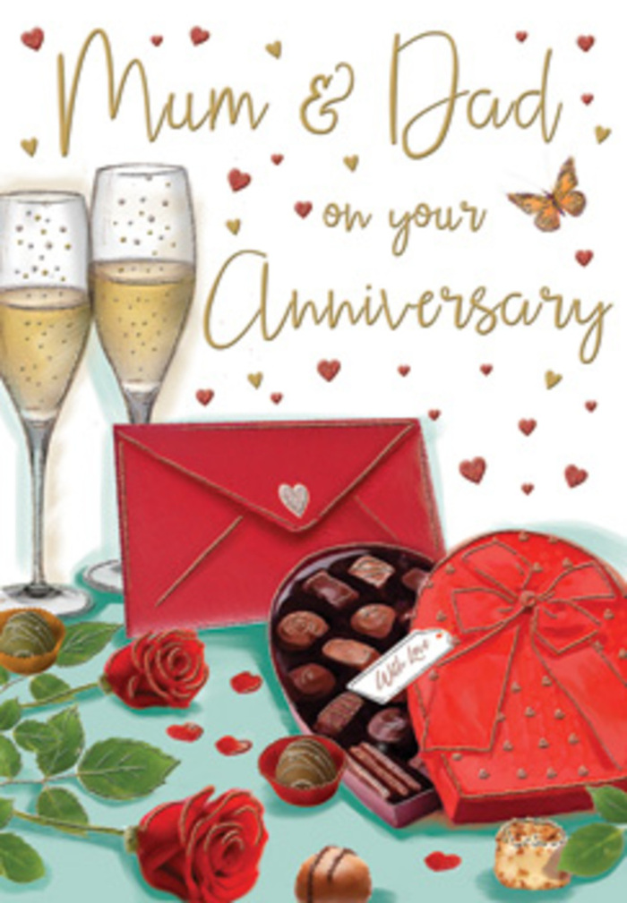 The illustrated anniversary card shows a carefully staged celebration scene, as if a romantic corner of a Stepney home has been captured on paper and dressed in festive reds and golds. In the foreground, two sumptuous red roses recline on a table surface, their petals rendered in rich crimson tones that deepen towards the centre, giving each bloom depth and fullness. You can almost imagine the soft, velvety feel of the petals, like the freshly opened roses a local florist would choose for a special family bouquet. Around them, lush green leaves frame the flowers, their surfaces gently highlighted to suggest both freshness and movement, as though they've just been arranged. To one side, a heart-shaped box of chocolates anchors the design, its lid tipped open to reveal a neatly lined interior of assorted truffles. The chocolates vary subtly in shade, showing light catching their rounded tops, inviting thoughts of indulgent bites shared between loved ones. A wide red ribbon wraps around the box, tied into an elegant bow whose loops and tails sweep gracefully across the illustration, echoing the soft curves of the rose petals. Standing just behind, two tall champagne flutes are filled with pale golden fizz, tiny bubbles rising like captured sparks of celebration, symbolic of toasts made to Mum & Dad over many years. The glass is drawn with delicate highlights, giving the impression of gentle evening light reflecting off the rims, much like the glow spilling from windows along Whitechapel Road at dusk. Scattered red and gold hearts float across the background, bringing movement and a touch of playful romance, while a bright scarlet envelope lies nearby, its pointed flap closed as if guarding heartfelt handwritten words. The entire composition hums with warmth, gratitude, and the quiet assurance that family love, like a well-kept rose, only grows more beautiful with time.
