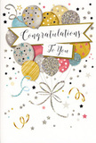 This image shows a beautifully styled congratulations card that feels like a little burst of happiness ready to be tucked beside a fresh bouquet on a doorstep in Stepney. Dominating the front is a festive bouquet of balloons, rising from the lower section and drifting upward, the shapes full and rounded as though just filled with air. Colours include muted gold, polished silver, champagne, soft sky blue, gentle blush pink, and a cool grey, all subtly shaded so they appear glossy and three-dimensional. Each balloon carries its own decorative detail: some are sprinkled with minuscule metallic stars, others with horizontal stripes of shimmer, and a few with a dusting of fine, glitter-like texture that seems to glow. From the base of the balloons, slim gold and silver ribbons sweep down in relaxed curls, converging toward the bottom, as if tied loosely out of sight. In the centre of the design, a refined banner stretches across, gently curved, bearing the message Congratulations To You in graceful, handwritten-style script, the words radiating warmth and sincere pride. Around this central motif, tiny shimmering stars, looping curls, and confetti-like dots are scattered across a soft, neutral background, echoing the feeling of confetti swirling over a party near Mile End Park or in a favourite Stepney café. The card's overall effect is light, elegant, and unmistakably celebratory, ideal for marking milestones like exam success, promotions, or new beginnings. From a florist's perspective, it's the kind of versatile, uplifting design that complements both vibrant and understated arrangements, making every local delivery in Stepney feel that little bit more special.
