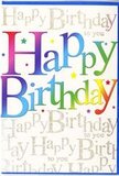 This birthday card design captures the feeling of a lively get-together in Stepney, translated into colour and script. Dominating the front is a large, cheerful Happy Birthday printed in wide, rounded letters that sweep across the card from left to right. Each character is dipped in a different band of colour, creating a smooth rainbow effect: from deep ruby reds to bright coral, through warm sunflower yellow, and onward into fresh green, aqua, and midnight blue, like a row of lanterns glowing above a party near Stepney Green. The colours blend gently at the edges, giving the wording a soft, luminous quality instead of a stark, graphic one. Behind this vivid greeting, the background is filled with an all-over pattern of elegant, handwritten-style script, repeating Happy Birthday to you in fine, metallic gold. The writing loops and flows in tidy rows, creating a gentle visual rhythm, as if a chorus of friends were softly echoing the same wish. The gold ink has a subtle shimmer that catches ambient light, suggesting a quiet sparkle rather than an intense glitter-more like the gleam of evening light on the pavements of Mile End Road. The card's surface appears smooth and lightly glossy, enhancing both the depth of the colours and the glimmer of the gold script. Together, these elements give the design a sense of festive energy balanced with sophistication, suitable for marking any birthday in Stepney, from a milestone celebration to a simple, heartfelt family gathering.