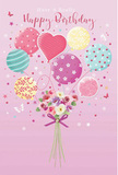Playful birthday card artwork featuring pastel balloons and a floral bouquet, imagined as if designed by a Stepney florist who loves soft colour and airy celebration. The background is a tender blush pink, like the early sky above the rooftops near Stepney Green. From the base of the image rises a cluster of balloons in pale pink, mint, lemon, and lilac, some dressed in swirling candy stripes, others sprinkled with bright polka dots or adorned with tiny hearts, including a heart-shaped balloon at the centre that seems to glow with affection. They arc gently upwards, as if drifting above the local streets between Mile End Road and Whitechapel High Street. At their base sits a generous bouquet of delicate roses and anemone-like blooms in creamy ivory, blush, and soft mauve, their petals feathery and layered, inviting you to imagine a light, sweet fragrance like freshly cut flowers in a cool Stepney shop. The stems are tied with a violet satin bow that catches the imagined light, its sheen echoing the soft gleam of the balloons overhead. Around the bouquet, tiny stars and butterfly shapes are scattered like confetti, adding a touch of fairy-tale magic to the composition. The whole scene feels bright yet gentle, perfectly suited to marking a cherished birthday with warmth and joy, the way neighbours here might celebrate together in a cosy flat or local café.