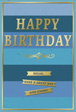 This refined birthday card blends serenity and celebration, its surface divided into generous, horizontal stripes of blue that move from dark navy at the bottom to softer sky tones near the top. The layered colours create an easy, calming gradient, like watching the sky change as you stroll through Stepney in the early evening. Centered in the design, the words HAPPY BIRTHDAY stand out in embossed golden capitals, each letter raised and gleaming with a warm metallic sheen that gently catches shifting light. Directly below the main greeting, a decorative golden flourish curls outward in a classic pattern, hinting at traditional card-making and quiet elegance. Further down, three slim gold banners are neatly arranged one beneath the other, carrying a friendly trio of messages that read together as a kind invitation: Relax, have a great day and enjoy! The card is framed by a delicate gold border, giving the whole composition a sense of completeness and polished style, much like a carefully arranged birthday display in a Stepney home. The card stock itself appears smooth and substantial, with the gold embossing providing tactile contrast you can almost sense with your fingertips. You might imagine this card standing beside a fresh birthday bouquet delivered locally, the gold letters catching the daylight that filters in through a nearby window, while the blue stripes quietly echo the calming, thoughtful mood of a well-loved celebration shared close to home.