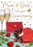 This anniversary card artwork creates an intimate celebration scene, as if a thoughtfully arranged tabletop has been transformed into a tender tribute for parents in a Stepney home. At the heart of the image, two deep red roses rest side by side, their petals intricately layered and shaded in tones from dark crimson to soft ruby, suggesting fullness, fragrance, and that velvety touch you'd expect from the finest florist-cut blooms. The roses are cradled by glossy green leaves, illustrated with gentle highlights and subtle veining that make them feel alive and freshly arranged, like a bouquet delivered just in time for an evening toast. Nearby, a heart-shaped box of chocolates, wrapped in a smooth red covering, sits partially open to show a tidy selection of truffles tucked inside. Each chocolate is rounded and glistening, their drawn textures evoking silky ganache and rich cocoa, the kind of little luxury that turns a simple moment into a celebration. A bold red bow crowns the box, its loops and tails flowing across the scene with soft curves that mirror the shapes of the petals and hearts. Standing just behind, two elegant champagne flutes rise close together, filled with a pale golden drink, bubbles captured mid-ascent like tiny beads of light. Reflections along the glass rims hint at a warm, ambient glow, reminiscent of candlelight in a Stepney restaurant or the soft light spilling through curtains at dusk. Scattered across the background are small crimson and gold hearts surrounding hand-lettered anniversary wishes for Mum & Dad, adding a personal, affectionate tone. A scarlet envelope rests in the corner, sealed and slightly angled, promising a private message of love and appreciation. Altogether, the illustration feels like a gentle, sensory-rich snapshot of togetherness, indulgence, and the enduring romance of a life shared.